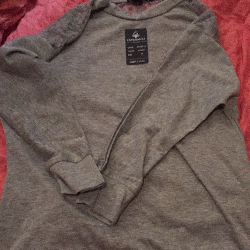 Gray Long-sleeved Top with Lace Detail